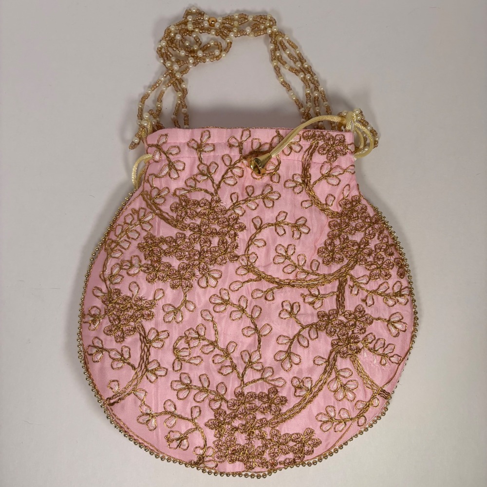 Potli Drawstring Bag Pink Gold Floral Embroidery Beaded Wedding Clutch Handmade